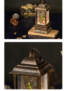Detail of vintage Christmas snow globe lantern with snowman and warm festive lighting