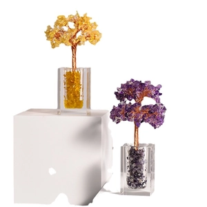 Handmade crystal stone trees in yellow and purple set in clear glass bowls for home decor