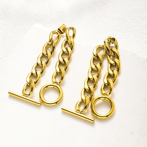 Detailed macro view of 18K gold plated stainless steel chain earrings with OT toggle design