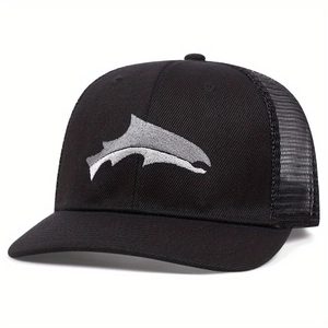 Cappello trucker nero in mesh con ricamo a squalo e retro traspirante per esterno