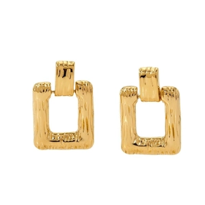 Minimalist geometric square gold earrings with textured metallic finish on white background