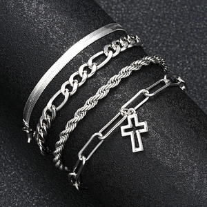 Silver 4-piece bracelet set with cross pendant on textured display stand