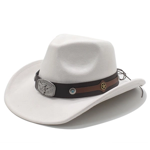 Detail of white western cowboy hat with brown leather band and turquoise studs