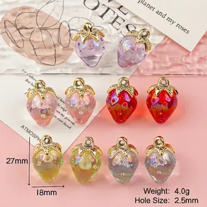 Colorful resin strawberry charms with gold loops for DIY jewelry, 27mm height