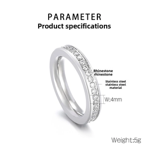 Detail view of 4mm silver stainless steel ring with channel-set sparkling rhinestones
