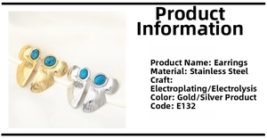 Macro shot of stainless steel earrings with striped texture and turquoise stone inlays