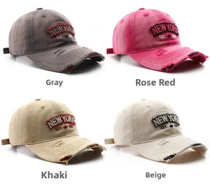 Detailed grid showing washed cotton baseball caps in grey, rose red, khaki and beige