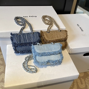 Kids Crossbody Shoulder Bag Denim Tweed Metal Chain Raw Edge Fringe Small Handbag Fashion Casual Boys Girls