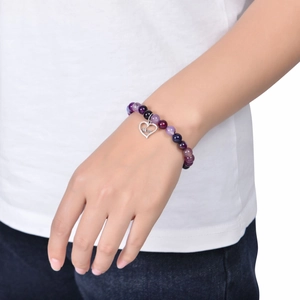 Bracelet en Jaspe Zèbre Rose pour Maman avec pendentif cœur en acier inoxydable
