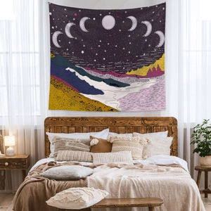 Artistic mountain and starry moon phase wall tapestry for bohemian home decor