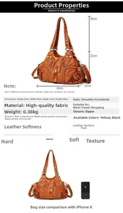 Detailed dimensions of the brown vintage crossbody bag with multiple pockets and soft texture