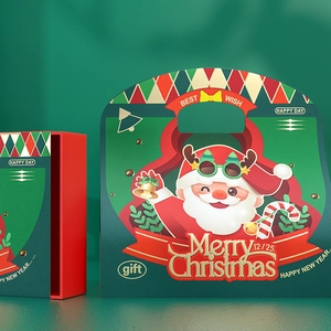 Green and red Christmas gift bag with Santa Claus illustrations and Merry Christmas text
