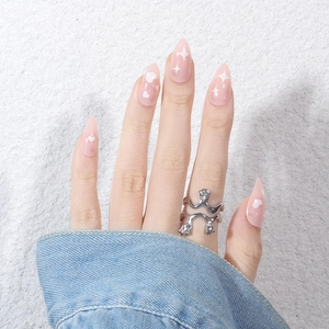 Pink Press On Nails Almond Pointed False Nails With Heart And Star Pattern Sweet Minimalist Design For Women DIY Manicure