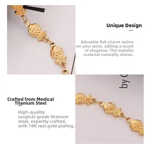 Detail of 18k gold plated surgical titanium steel bracelet with small fish charms