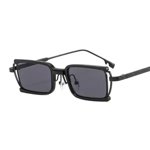 Modern geometric square metal sunglasses with double-layered black frame and grey lenses