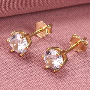 Classic 925 silver six-prong gold stud earrings with sparkling round zircon stones