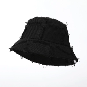 Classic black bucket hat with raw frayed edges and minimalist canvas design