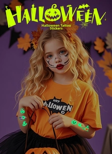 Glow-in-the-dark Halloween tattoo stickers with pumpkin and bat designs on arm