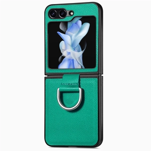 Detail of green leather texture folding case with silver metal ring for Samsung Z Flip