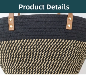 Close-up of woven tote bag with black stripes and brown leather handles with rivets