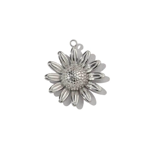 Detailed view of handmade polished stainless steel sunflower pendant with petals