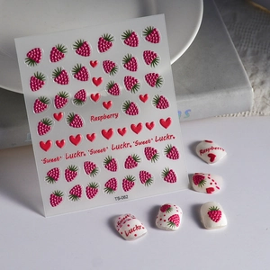 5D Embossed Nail Art Stickers Raspberry Fruit Heart Pattern Self Adhesive Waterproof Manicure Decals DIY Decoration