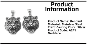 Detailed close-up of a silver tiger head pendant made of cast stainless steel