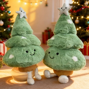 Cute plush Christmas tree dolls with silver stars and glitter boots in a festive setting