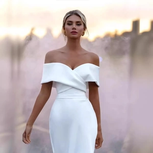 Elegant off-shoulder white satin bridal gown with waist pleats and modern silhouette
