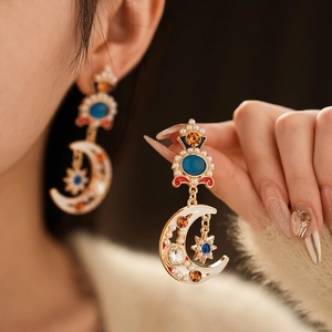 Vintage gold star and moon drop earrings with blue enamel and white pearls for women