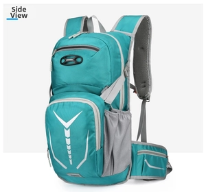 Detail of teal cycling backpack with mesh water bottle pocket and reflective V-pattern