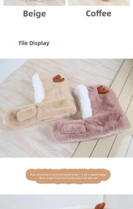Detail of plush earflap beanies with cute deer antlers in beige and brown colors