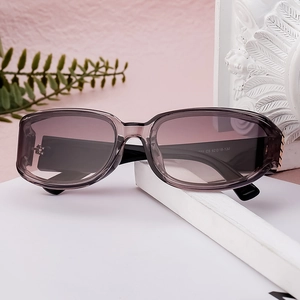 Fashionable square frame grey transparent sunglasses with gradient lenses and gold accents