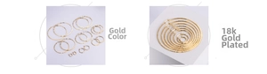 Detail of multi-size 18k gold plated hoop earrings with textured finish on stone display