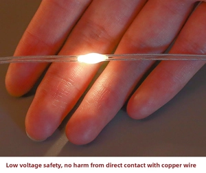 Macro shot of low voltage warm white LED fairy lights on safe copper wire