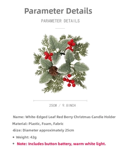 Dettaglio ghirlanda di candele natalizie da 25cm con bacche rosse, pigne e luci LED