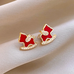 18K gold plated rocking horse earrings with red enamel and white cubic zirconia stones