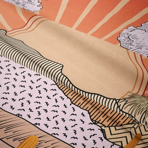 Macro detail of retro sunset tapestry fabric showing soft twill texture and vibrant print