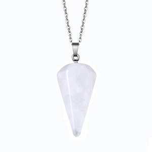 Close-up of conical white crystal pendant necklace with a fine silver chain