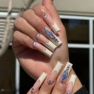 Long Coffin Press On Nails French Nude Pink White Tips Rhinestone Artificial Pearl Blue Waterdrop Gem ABS False Nails