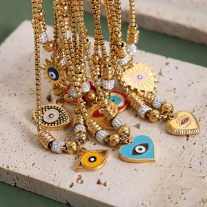 Evil Eye Heart Star Pendant Bracelet Titanium Steel Enamel Cubic Zirconia Adjustable Vintage Jewelry For Women