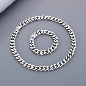 Polished silver cuban link chain necklace and bracelet jewelry set for men