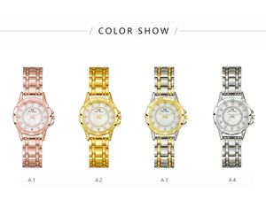 Close-up of four luxury metal watch bands in rose gold, gold, silver and bicolor variants