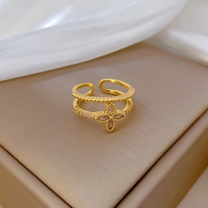 Double-layered gold-plated open ring with sparkling zircon clover motif for women