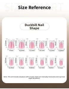 Detailed size chart for duckbill press-on nails with measurements in mm