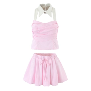 Pink striped y2k halter top and drawstring shorts two-piece summer set for women