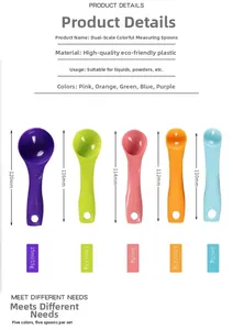 Close-up of colorful measuring spoons set showing dual scales and precise dimensions