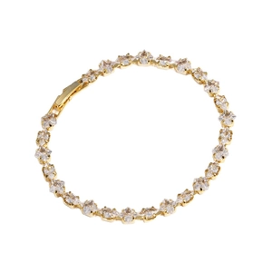 Elegant gold tennis bracelet featuring princess cut zircon stones with a secure clasp