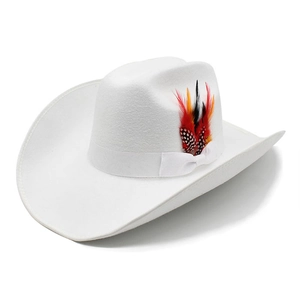 Classic white wool felt western cowboy hat featuring colorful feathers and silk ribbon