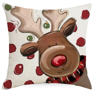 Christmas pillow cover with cute hand-drawn reindeer and festive red striped pattern